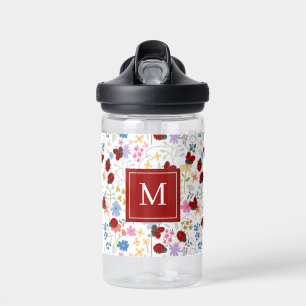 Cute Ladybug Wildflowers Whimsical Floral Monogram Water Bottle