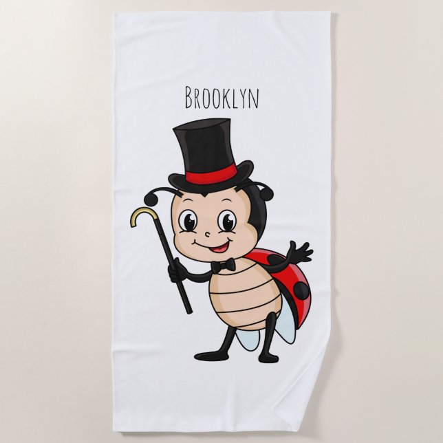 Cute ladybug with top hat and tie cartoon beach towel (Front)