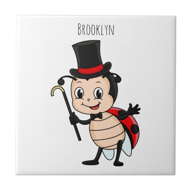 Cute ladybug with top hat and tie cartoon ceramic tile (Front)