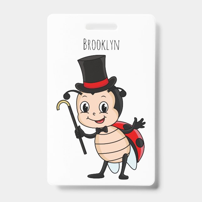 Cute ladybug with top hat and tie cartoon ID badge (Front)