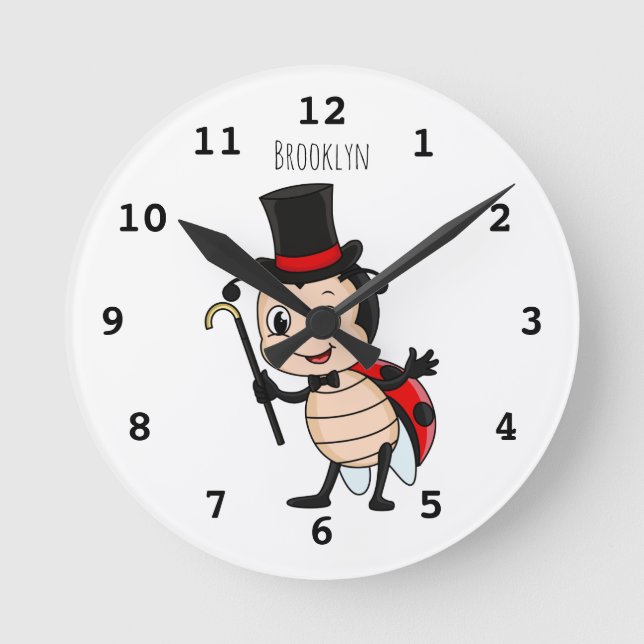 Cute ladybug with top hat and tie cartoon round clock (Front)