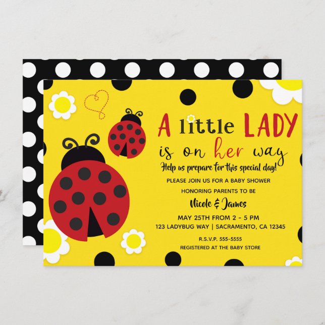 Cute Ladybug Yellow Flowers Girls Baby Shower Invitation (Front/Back)