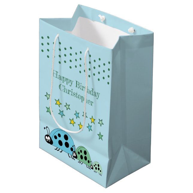 Cute ladybugs add name stars blue medium gift bag (Front Angled)