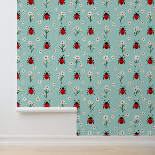 Cute Ladybugs and Daisies Pattern on Mint Green Wallpaper