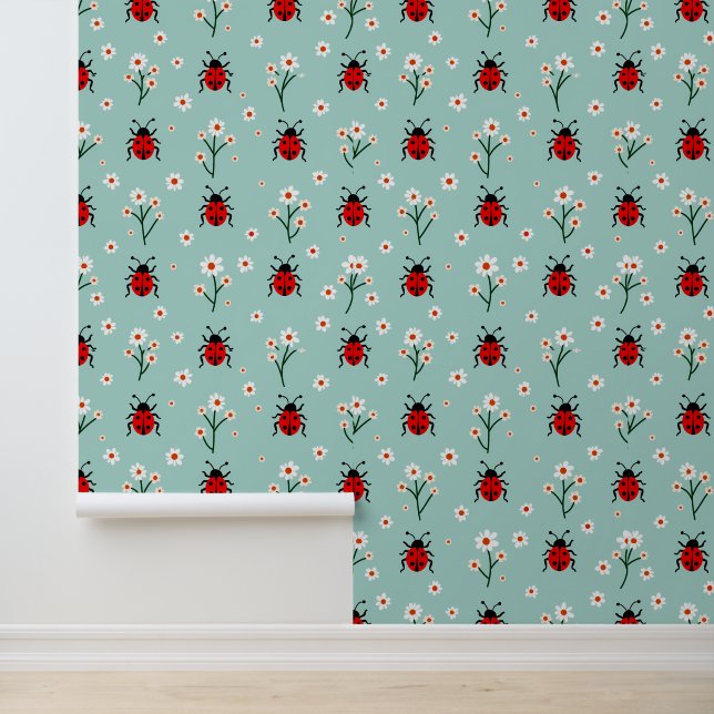 Cute Ladybugs and Daisies Pattern on Mint Green Wallpaper (Application)