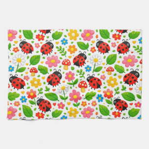 Cute Ladybugs and Flowers for Kids Tea Towel