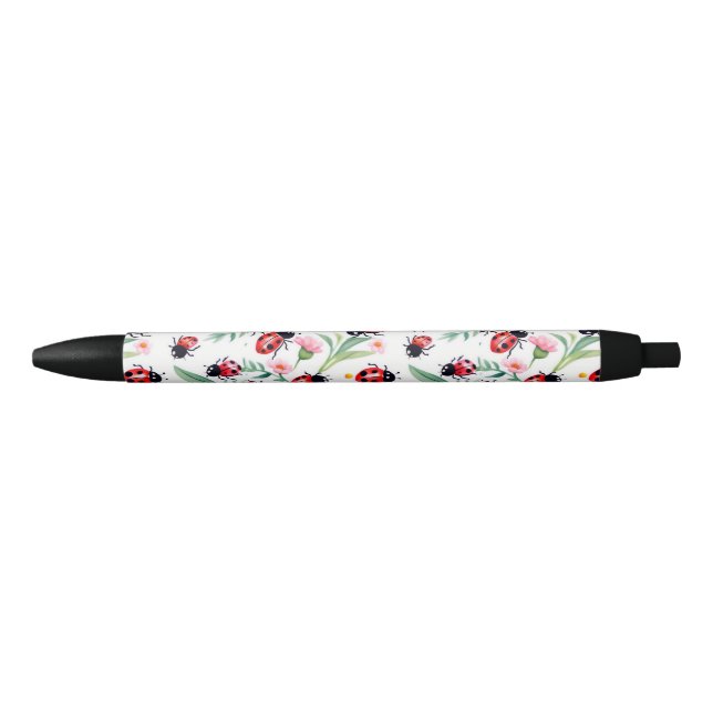 Cute ladybugs and flowers pattern white black ink pen (Front)