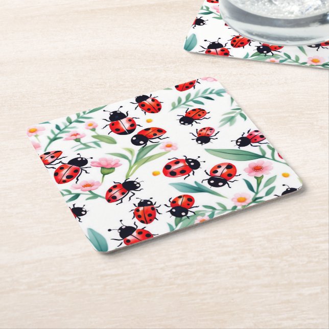 Cute ladybugs and flowers pattern white square paper coaster (Angled)