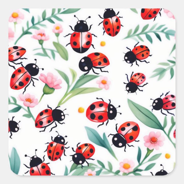 Cute ladybugs and flowers pattern white square sticker (Front)