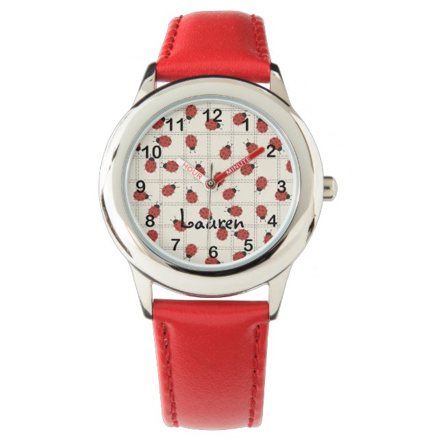 Cute Ladybugs & Custom Name on Cream White Watch (Front)