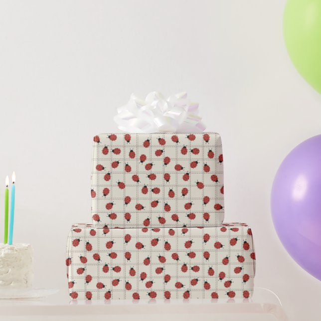Cute ladybugs Easter pattern on plaid cream white Wrapping Paper (Party Gifts)