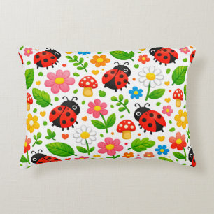 Cute Ladybugs Floral Kids with Flowers and Leaves Decorative Cushion
