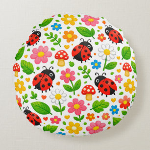Cute Ladybugs Floral Kids with Flowers and Leaves Round Cushion