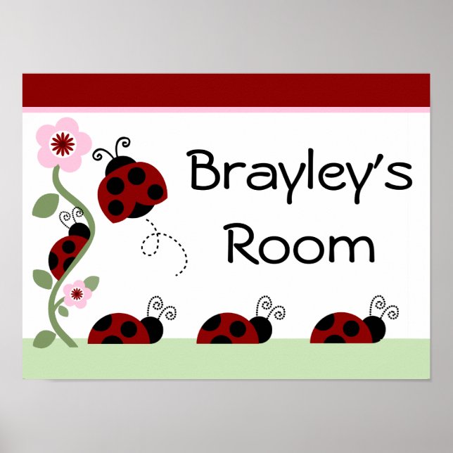 Cute Ladybugs & Flower Art Print Sign Poster (Front)
