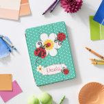 Cute ladybugs girls name red aqua  iPad pro cover<br><div class="desc">Perfect to protect your child's device. Add the girls name of your choice to this cover. Currently reads Ursula. This original red ladybug flying and ladybug crawling with daisy type flowers case is designed exclusively by Sarah Trett for www.mylttleeden.com on Zazzle.</div>