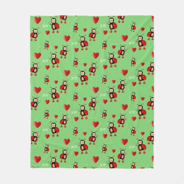 Cute Ladybugs, Hearts and Joy Text on Light Green Fleece Blanket (Front)