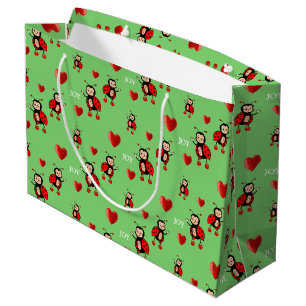 Cute Ladybugs, Hearts and Joy Text on Light Green Large Gift Bag