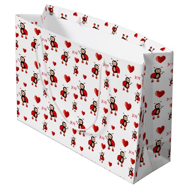 Cute Ladybugs, Hearts and Joy Text on White Large Gift Bag (Back Angled)