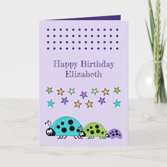 Cute ladybugs name stars purple kids birthday card (Front)