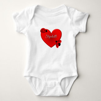 Cute Ladybugs on a red heart and baby's name  Baby Bodysuit