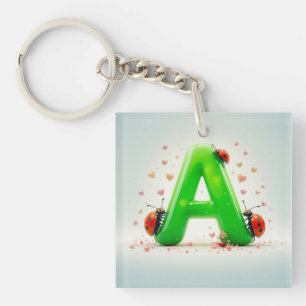 Cute Ladybugs on Green Alphabet Letter A Key Ring