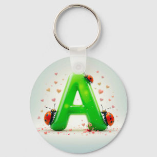 Cute Ladybugs on Green Alphabet Letter A Key Ring