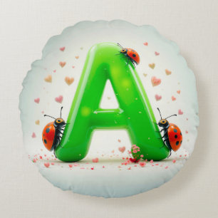 Cute Ladybugs on Green Alphabet Letter A Round Cushion