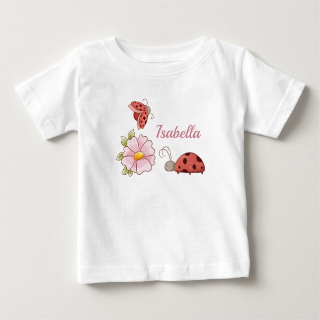 Cute Ladybugs Pink Flower Adorable Summer Spring Baby T-Shirt (Front)