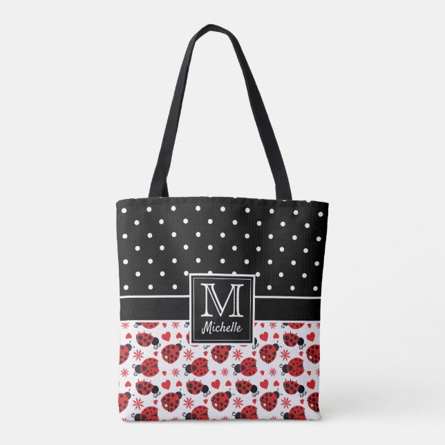 Cute Ladybugs Polka Dot Monogram Tote Bag (Back)
