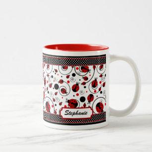 Cute Ladybugs Polka Dots and Swirls Name  Coffee M Two-Tone Coffee Mug