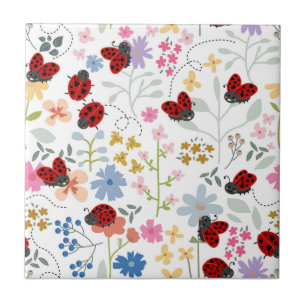 Cute Ladybugs Whimsical Floral Girl Seamless Ceramic Tile