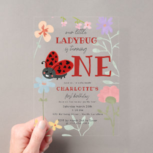Cute Ladybugs Wildflowers 1st First Birthday Acrylic Invitations
