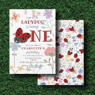 Cute Ladybugs Wildflowers 1st First Birthday Invitation