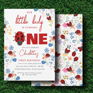 Cute Ladybugs Wildflowers 1st First Birthday Party Invitation