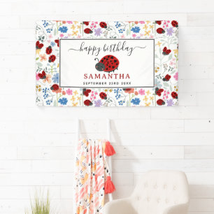 Cute Ladybugs Wildflowers Floral Birthday Banner