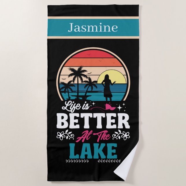 cute lake life word art  beach towel (Front)