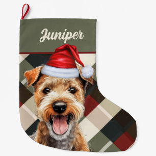 Cute Lakeland Terrier Holiday Plaid Custom Large Large Christmas Stocking