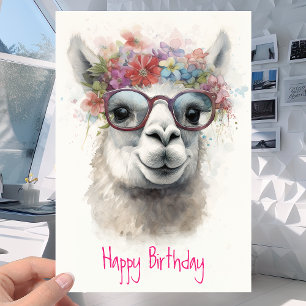 Cute Lama in Glasses and Flowers - Funny Birthday Card