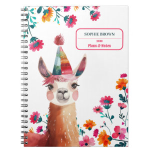 Cute Lama Pink Floral Custom Name  Notebook