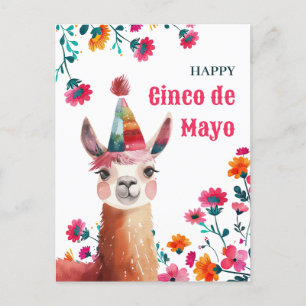 Cute Lama with Fuchsia Flowers Happy Cinco de Mayo Postcard