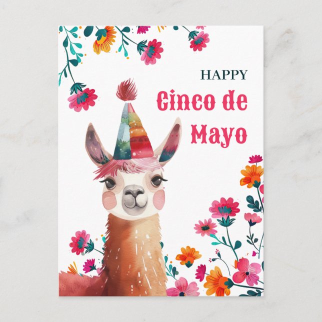 Cute Lama with Fuchsia Flowers Happy Cinco de Mayo Postcard (Front)
