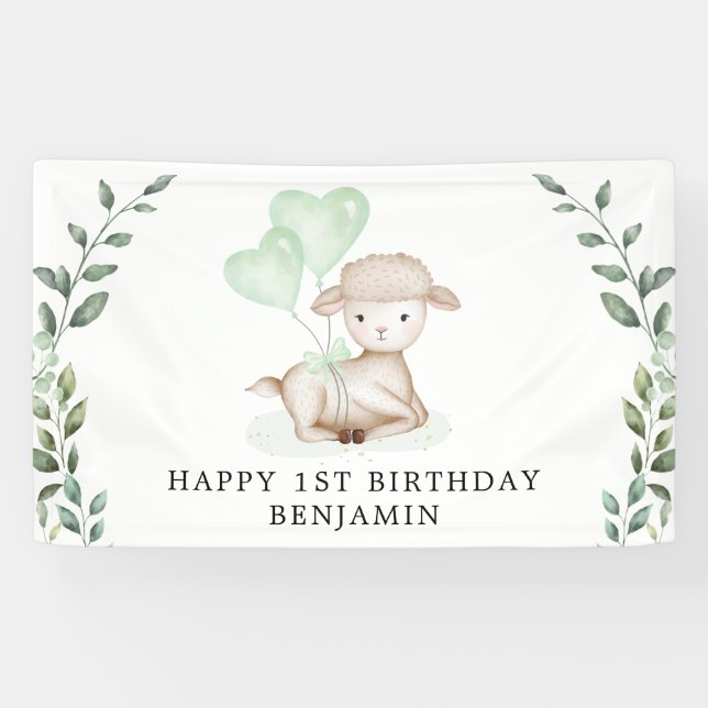 Cute Lamb Baby Sheep Greenery Boy Happy Birthday Banner (Horizontal)