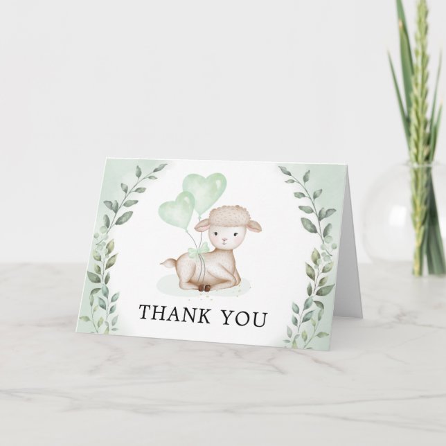 Cute Lamb Baby Sheep Greenery Eucalyptus Thank You Card (Front)