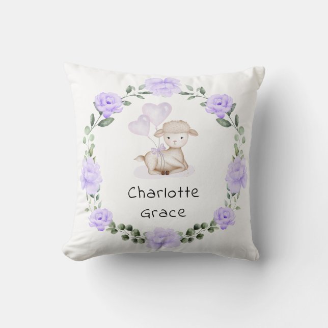 Cute Lamb Baby Sheep Purple Floral Greenery Wreath Cushion (Front)