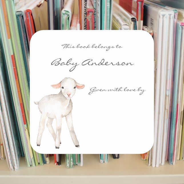 Cute Lamb baby shower bookplate Square Sticker (Creator Uploaded)