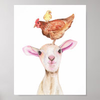 Cute Lamb Baryard Chickens Watercolor