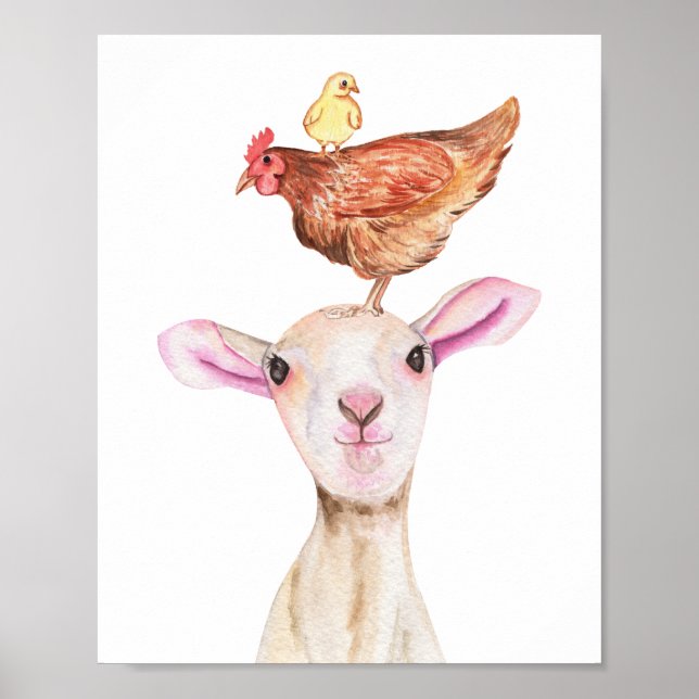 Cute Lamb Baryard Chickens Watercolor Poster (Front)
