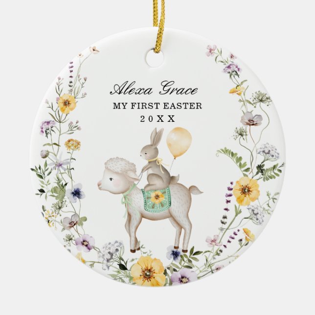 Cute Lamb Bunny Wildflower Baby First 1st Easter Ceramic Ornament (Front)