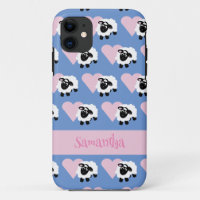 Cute Lamb Cartoon Pink Heart Pattern Blue