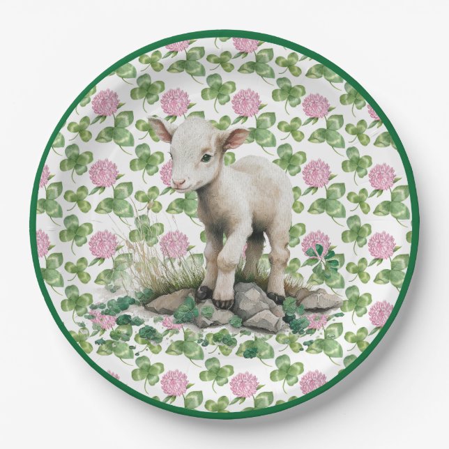 Cute Lamb & Clover | St Patrick's Day Paper Plates (Front)